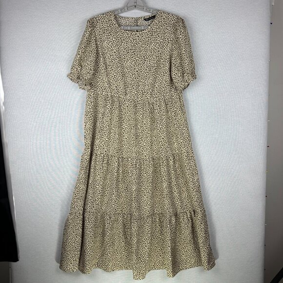 PrettyGarden Dresses & Skirts - PRETTY GARDEN WOMEN'S LEOPARD PRINT TIERED MIDI FLOWY DRESS FUFF SLEEVE M